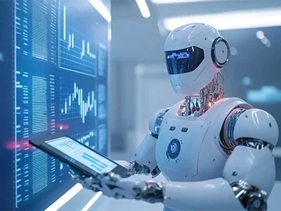 A robot holding a tablet and standing in front of a large digital screen