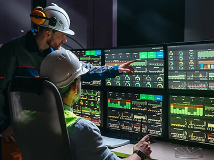 Workers in hardhat looking at data shown on multiple computer monitors.