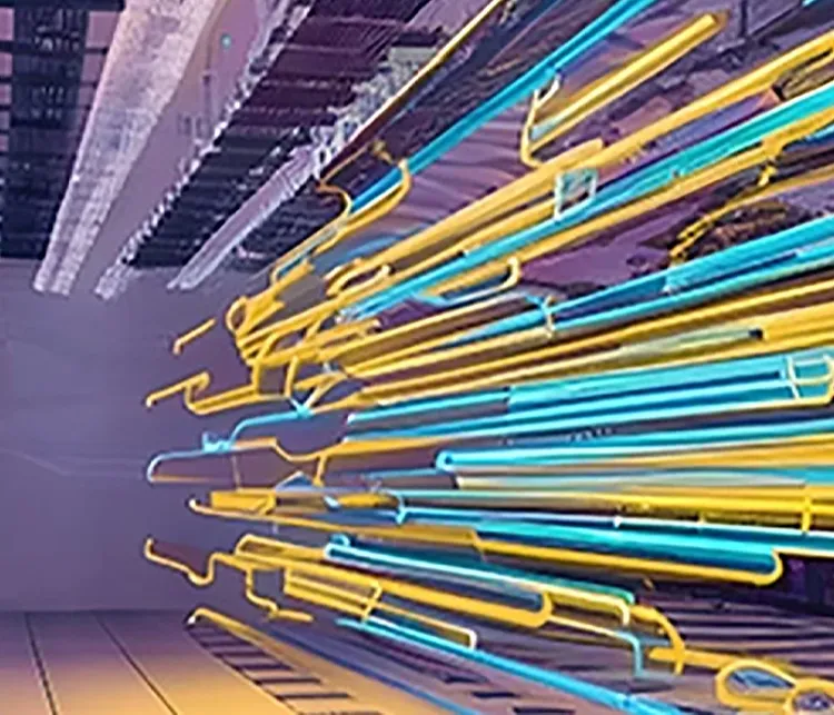 A server room illuminated by colorful tubes of orange and blue lights