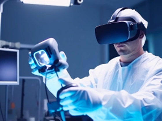 A man in a white coat holds a device while wearing a VR headset showcasing a virtual reality experience