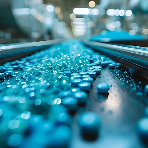 Blue pills on a conveyor belt.
