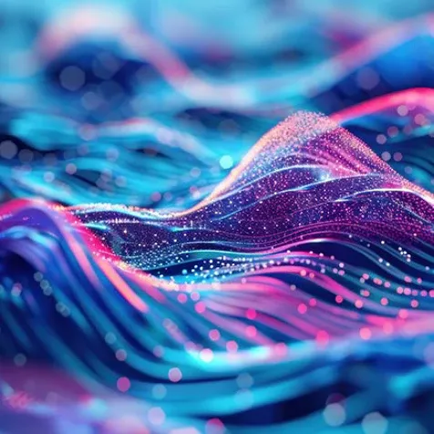 A digital pattern of waves in pink and blue