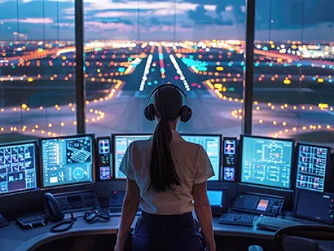 View of a female flight controller standing in front of computer screens, looking out onto the runway.