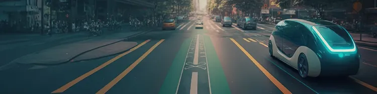 An automated cars are moving on a road.