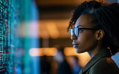 A woman looking into a digital glass screen