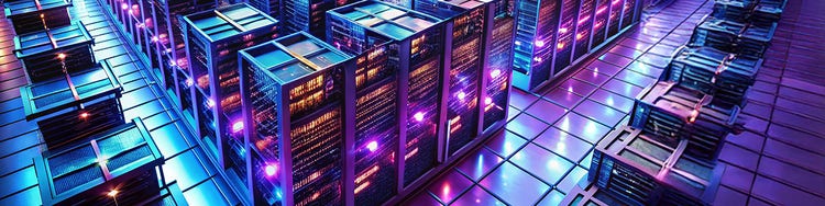 Modern data center with rows of server racks and flashing led lights, indicating network activity