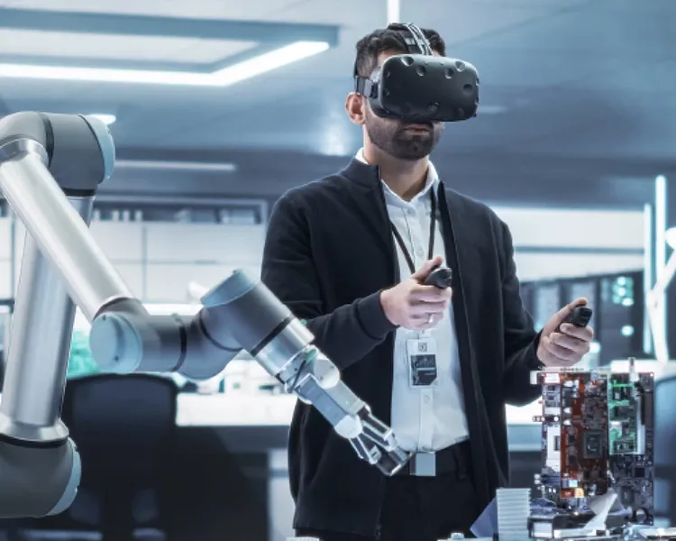 A man wearing a VR headset, engaged in an immersive experience while holding a small robot.