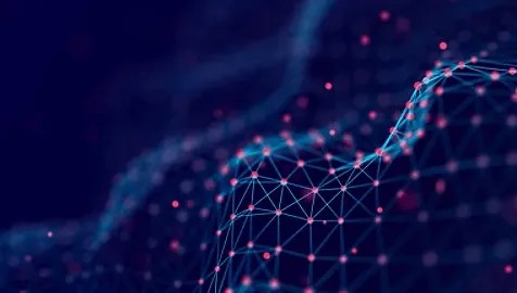 blue abstract image with red dots like a web