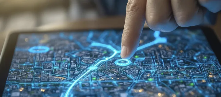 A person touches a tablet displaying a digital map of a city.