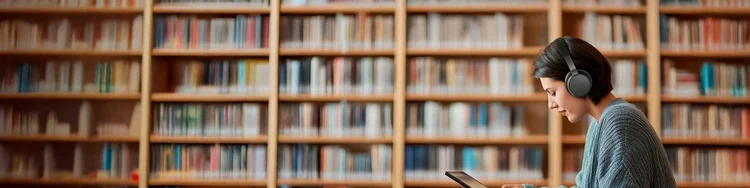 A girl wearing reading a digital book in a library wearing a headphone