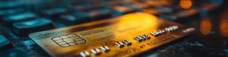 A yellow coloured credit card on a keyboard