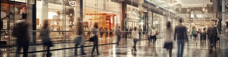 A blurred scene of shoppers moving through a shopping mall, capturing the hustle and bustle of the retail space.