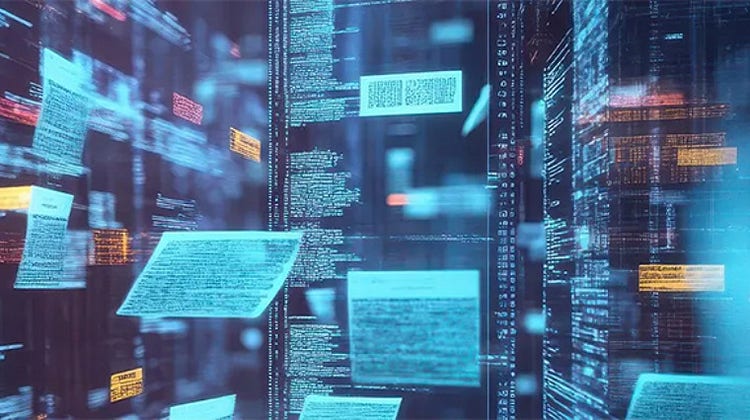 悬浮的数字数据面板，以蓝色调显示代码与信息