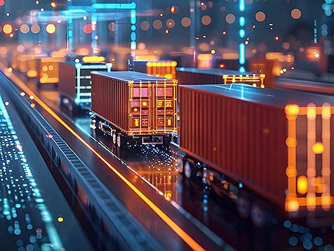 A truck driving on a highway at night, illuminated by streetlights and headlights against a dark sky.