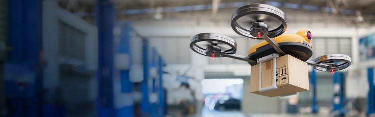 A drone carrying a package