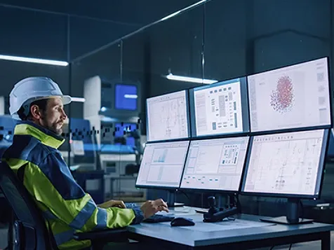 An employee wearing a helmet and a hazard jacket, sitting at a desk with multiple computer screens