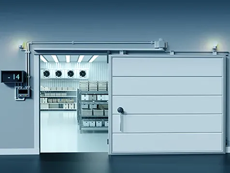 A temperature-controlled storage room, with the door partially rolled open
