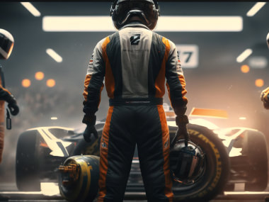 F1 racer team standing in front of F1 car