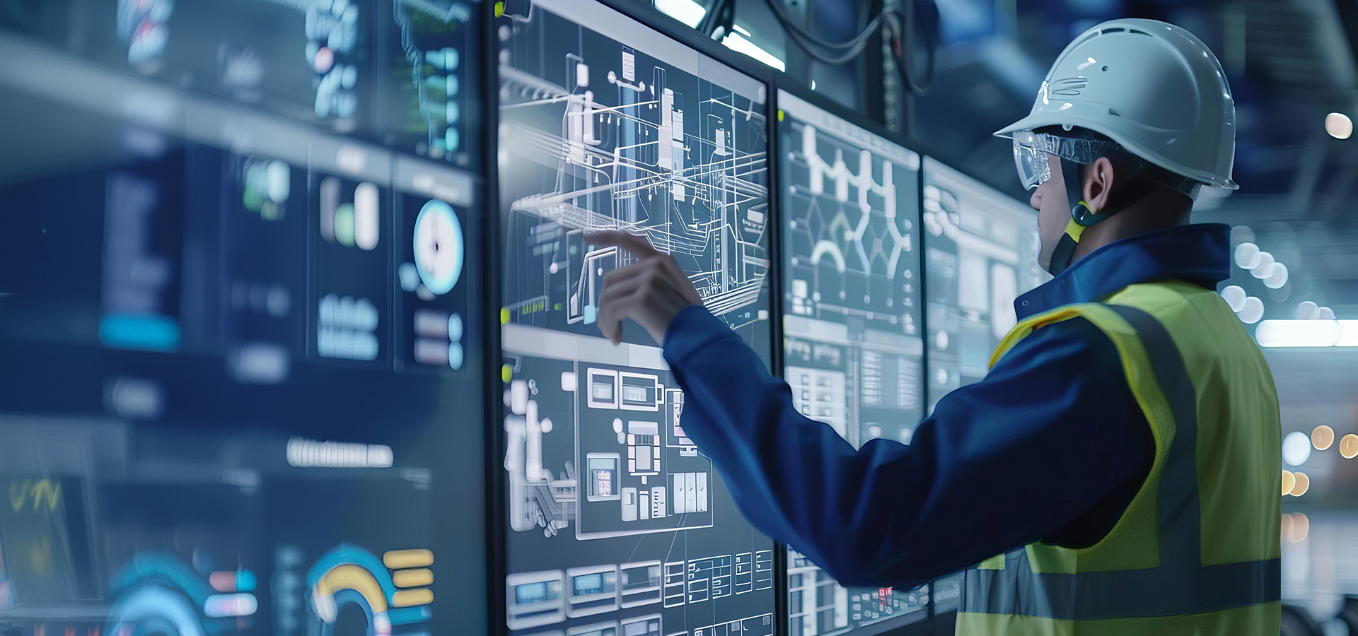 A factory technician interacting with a digital screen