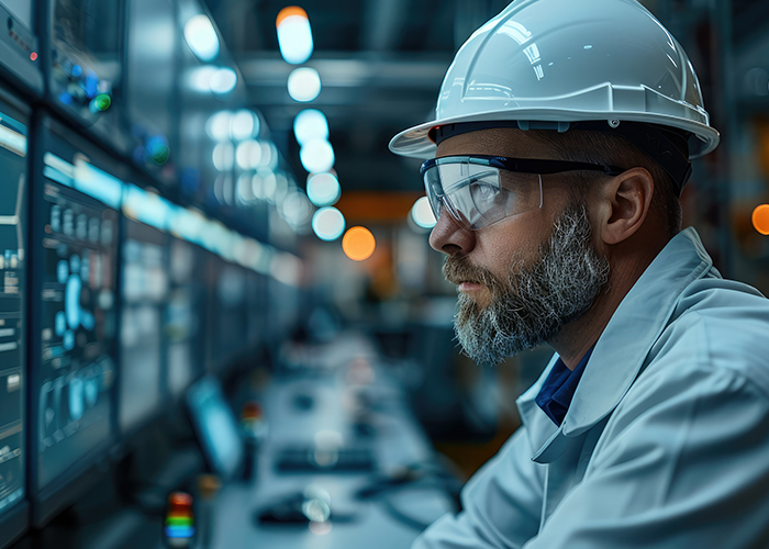 A factory engineering analyzing a report on screen