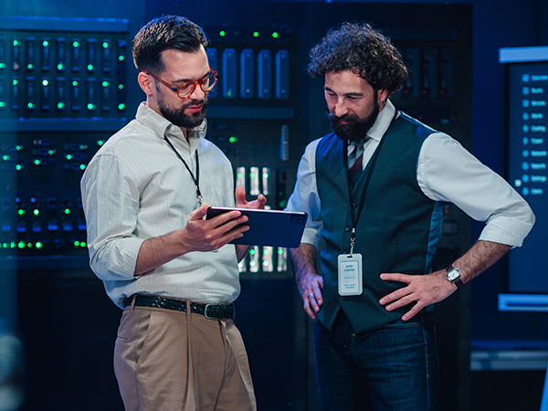 Professionals reviewing digital data in secure technology environment