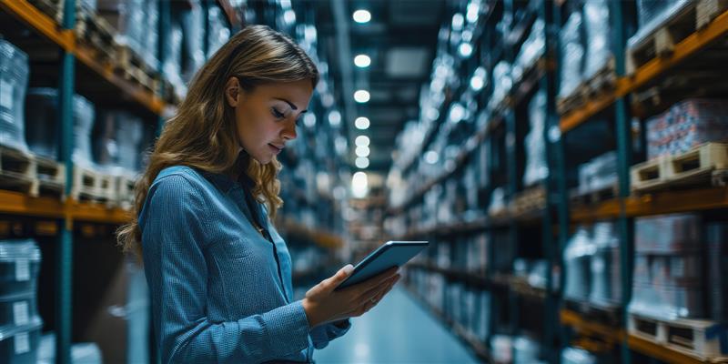 Warehouse worker checking inventory data on tablet among storage racks