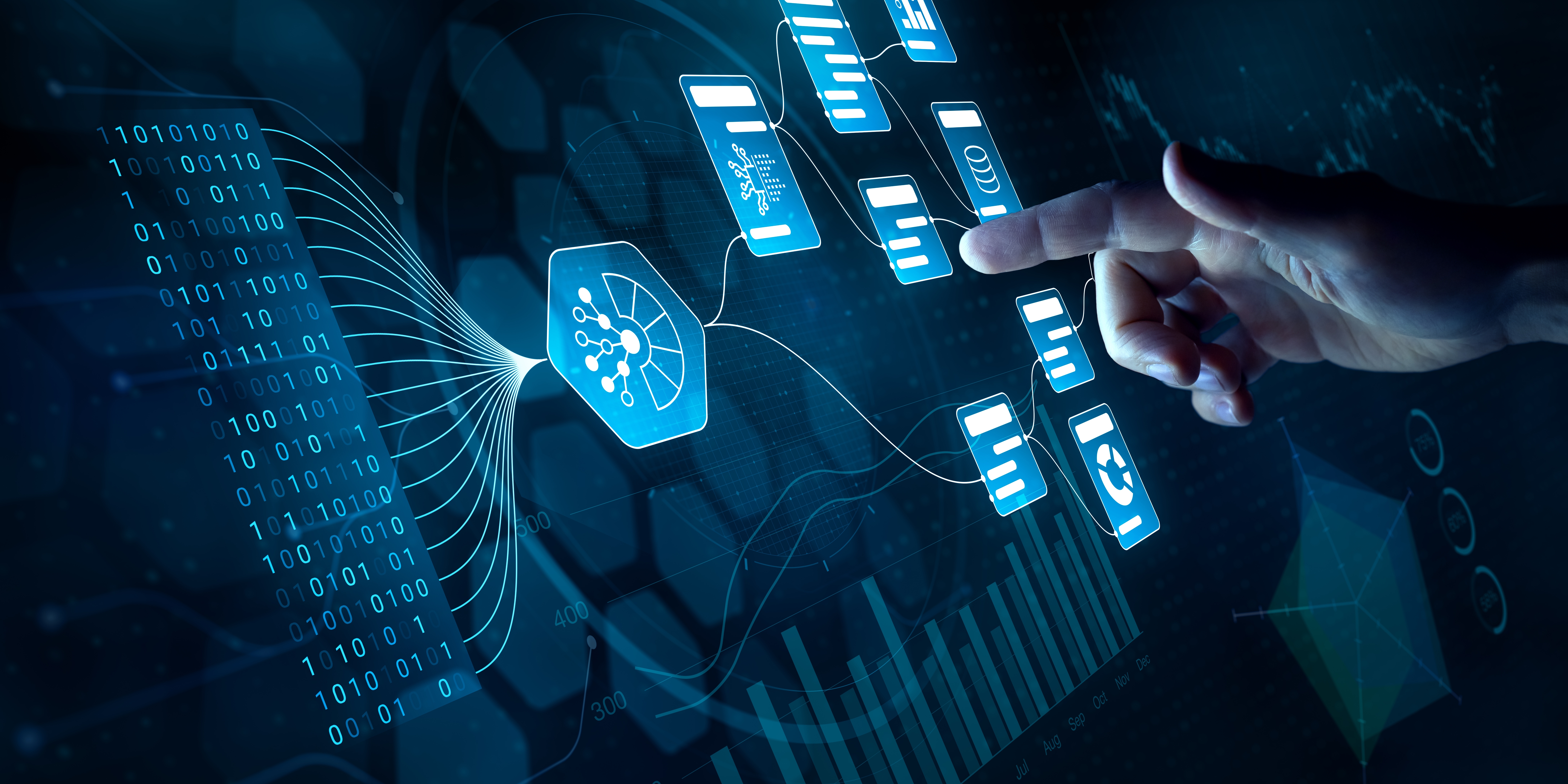 AI-Driven Workflow, Automating Data Management Analytics and Business Reports with KPIs, Predictive Insights, and Big Data Integration. Businessman touching Virtual Screen with Decision-Making Tech.; Shutterstock ID 2428568631; purchase_order: 3057356; job: GBC; client: India; other: Campaigns