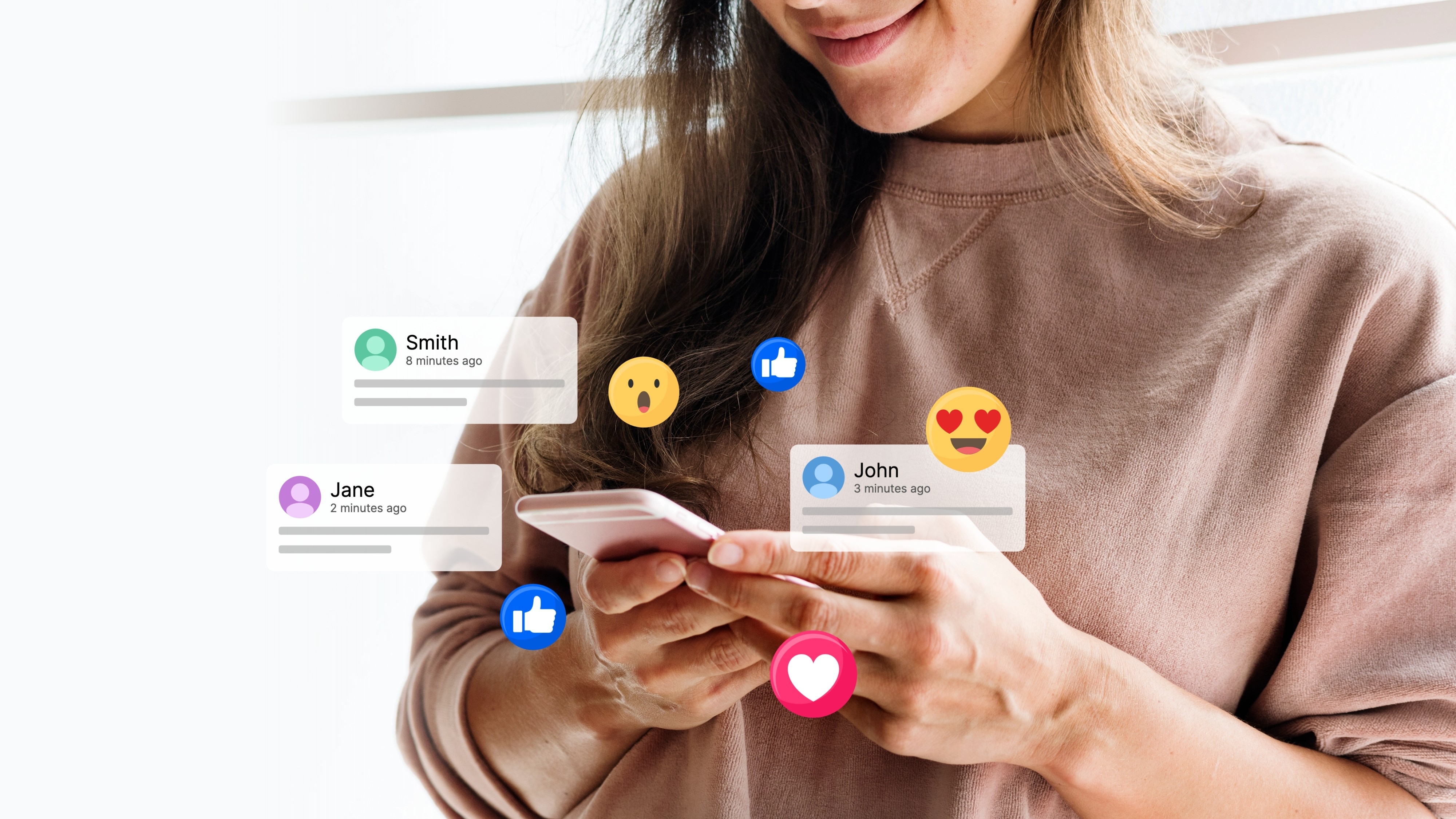 Woman using smartphone with social media icons. Notifications, likes, and emojis float around. Engaged with social media, checking updates, receiving likes. Social media icons and emojis.; Shutterstock ID 2533753873; purchase_order: 3057356; job: GBC; client: India; other: Campaigns