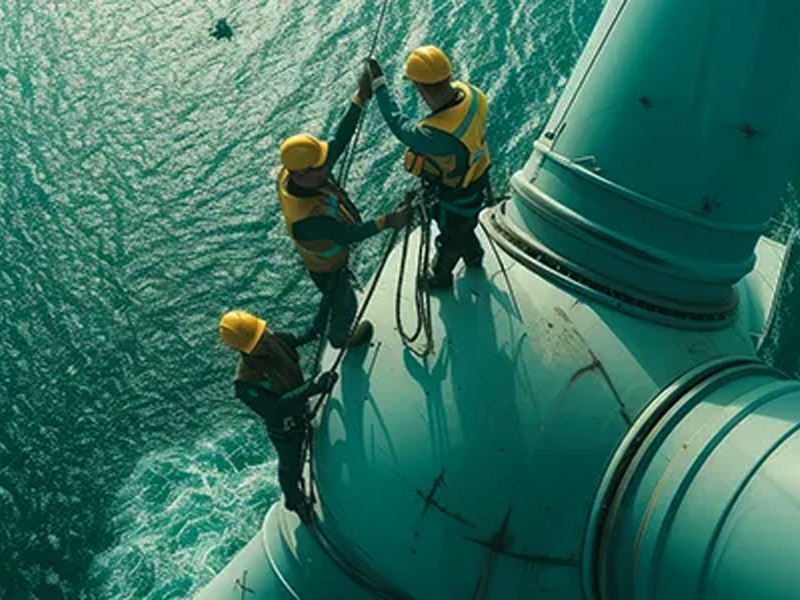 Three men-working atop of a wind turbine