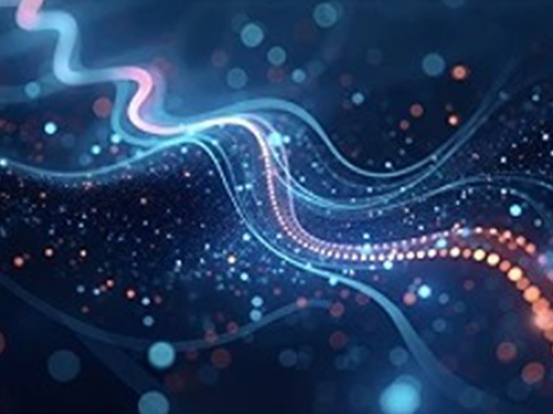Abstract wavy light trails with glowing dots on a dark blue background.