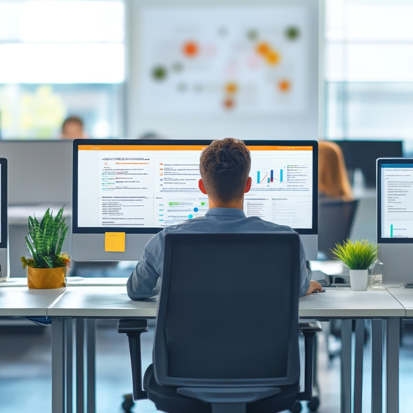 A person sitting at a desk in front of a computer screen with his back to the camera.