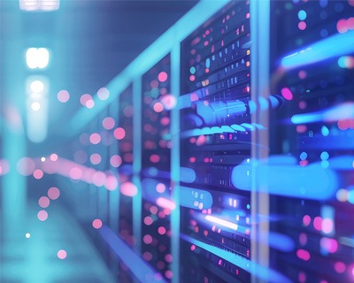 Blurred lights reflecting across server racks in a modern data center