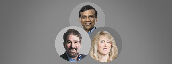 Headshots of speakers—Ravi Kumar S, CEO, Cognizant Technology Solutions, Alan Trefler, Founder and CEO, Pegasystems and Dianne Ledingham, Advisory