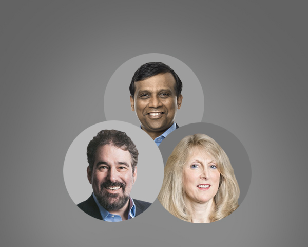 Headshots of speakers—Ravi Kumar S, CEO, Cognizant Technology Solutions, Alan Trefler, Founder and CEO, Pegasystems and Dianne Ledingham, Advisory