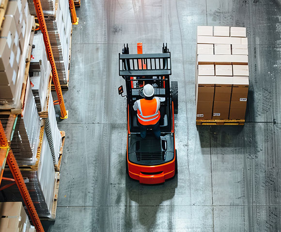 A worker using forklift in warehouse