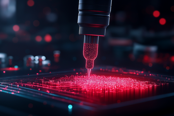 A robot holds a red light in front of a computer screen, illuminating the display with a vibrant glow.