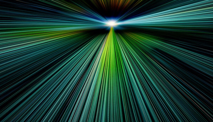 Abstract data streams converging at a bright focal point
