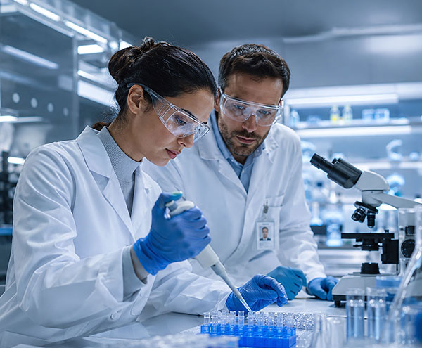 Two researchers testing samples in a laboratory