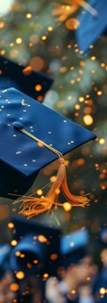 Graduation caps tossed in the air.