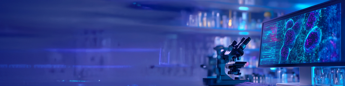 Futuristic biotech lab with holograms, microscopes, glowing surfaces.