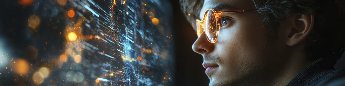 A man with spectacles watching digital display
