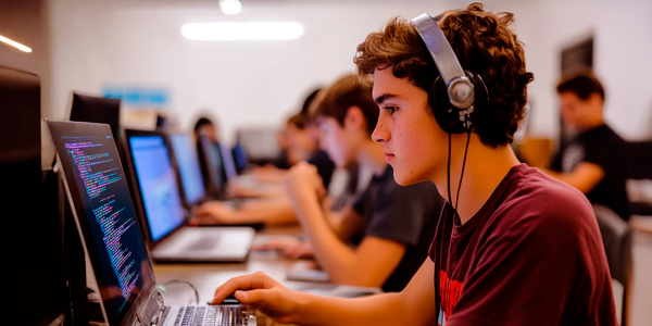 Students wearing headphones and looking into their laptop screens