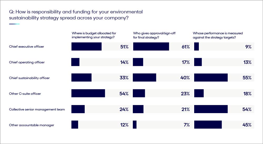 Bar graph of who is responsible for sustainability budgeting, strategies, and accountability