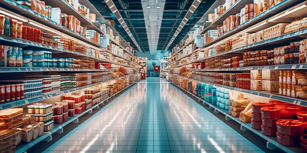 A long supermarket aisle lined with shelves stocked with various food items.