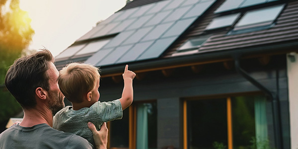 A man and child looking solar panels on the roof.