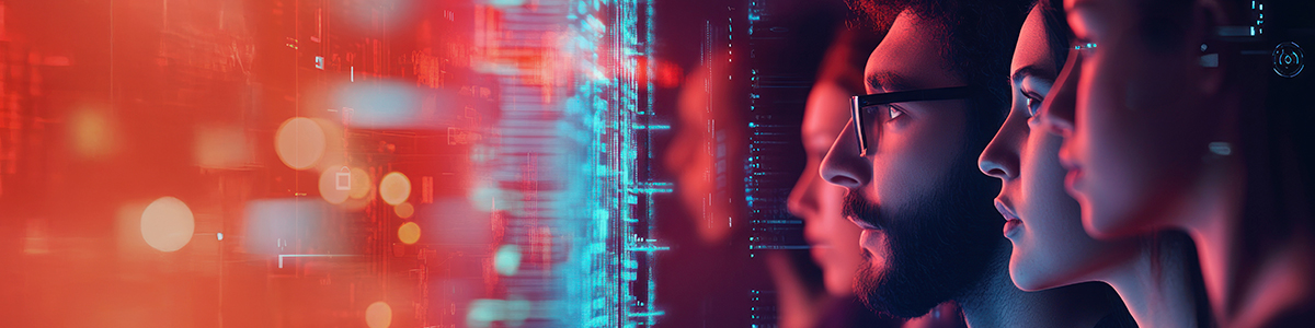Many faces looking at a digital screen