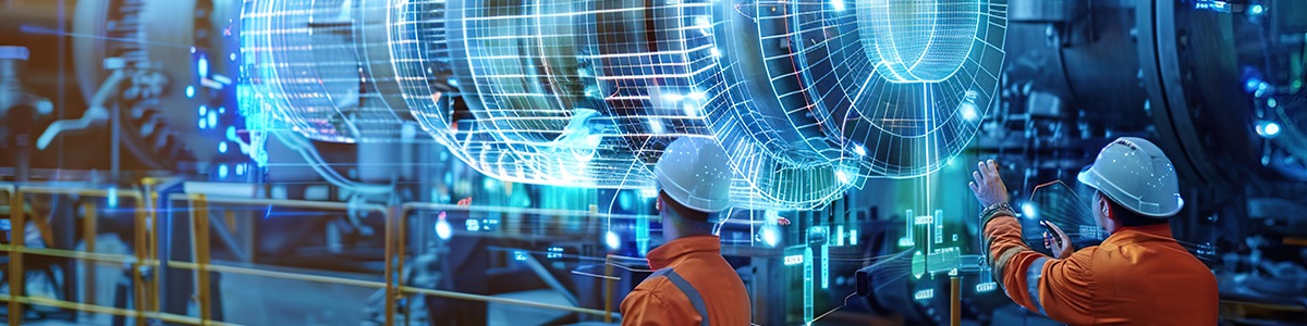 Factory workers interacting with a digital version of a machine