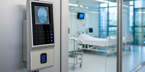 A hospital room featuring a fingerprint reader mounted on the wall next to a closed door.