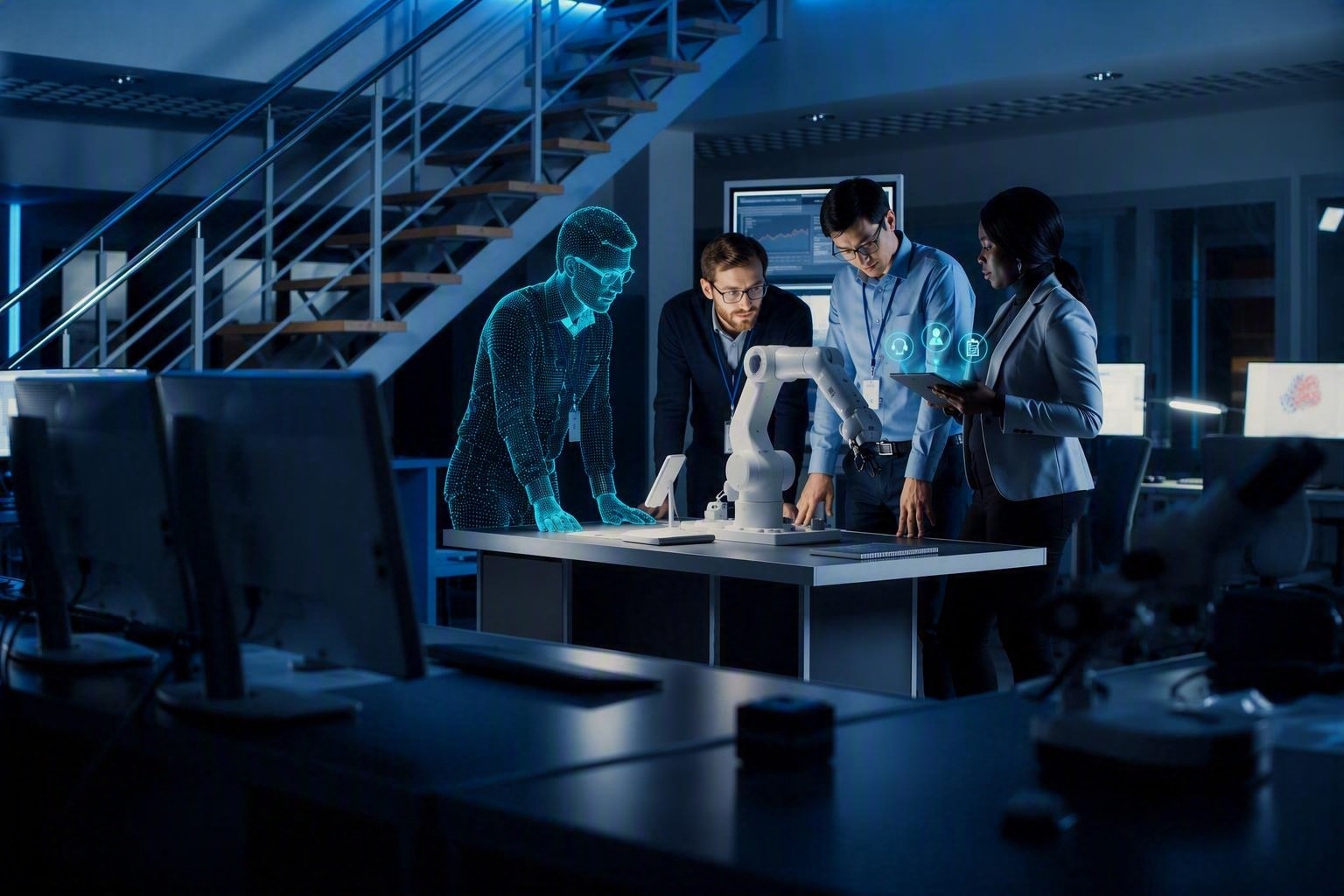AI-powered team collaborating with robotic arm and digital twin