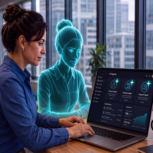 Woman collaborates with holographic AI avatar and agent dashboard interface